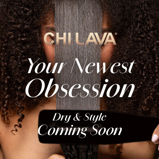 Woman with brunette wavy hair holding CHI Lava hair styling tool. Text promotes new product with advanced technology and natural minerals for healthier hair.